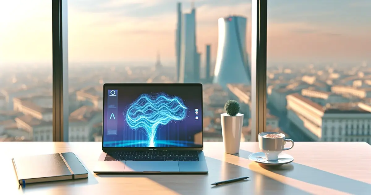 Agenti AI per aziende — laptop con dashboard AI e skyline citta