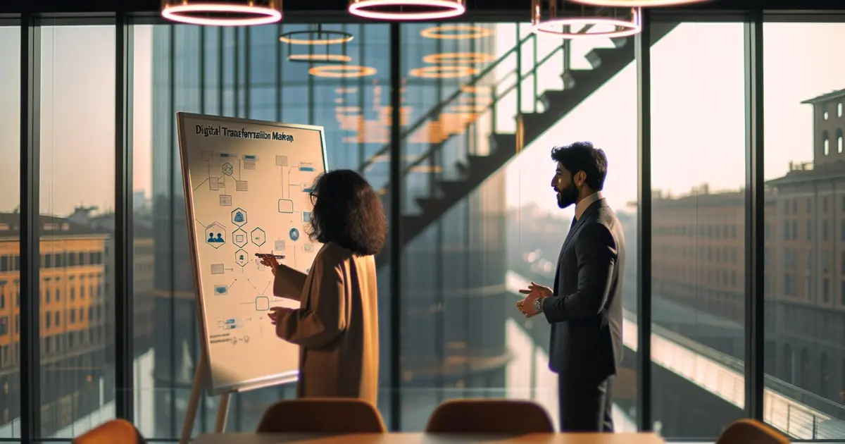 Consulente digitalizzazione PMI — professionista analizza processi aziendali su dashboard digitale