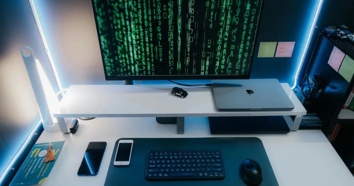 Sviluppatore software lavora su due monitor in ufficio moderno, sviluppo piattaforma custom