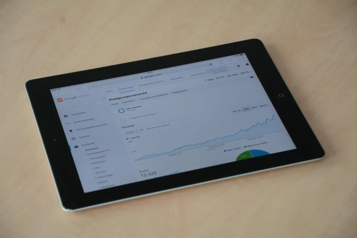 Tablet che mostra dashboard analytics web con grafici e metriche
